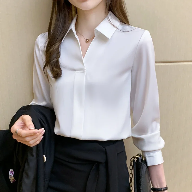 2024 Autumn Simple and Elegant Blue Shirt for Slimming Long Sleeves Turn Down Collar Chiffon Blouse Shirt Women Tops Traf C05