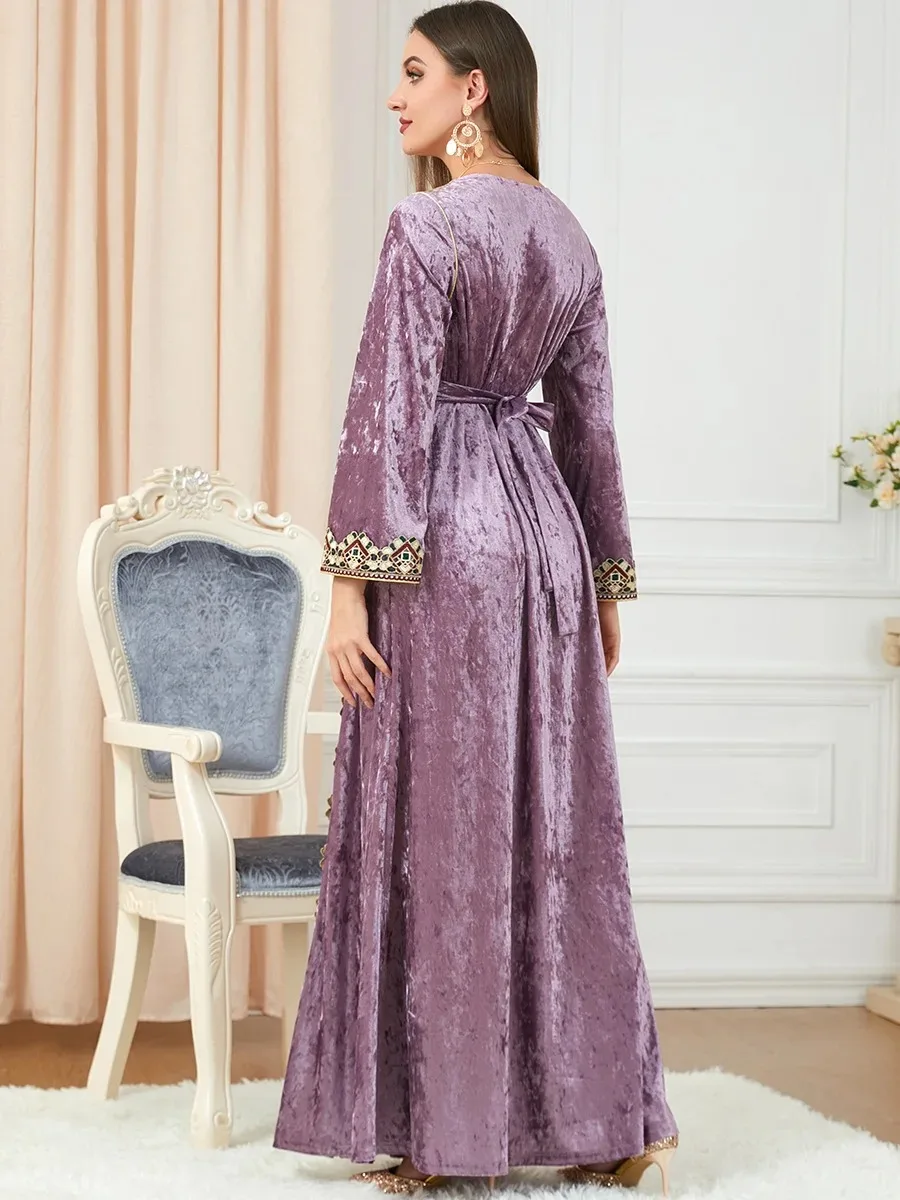 Imagem -06 - Elegante Veludo Vestido Muçulmano Feminino Grande Balanço a Linha Maxi Vestido Quimono Jubah Longo Robe Impressão Abaya Vestidos Roupas Islâmicas Elbise