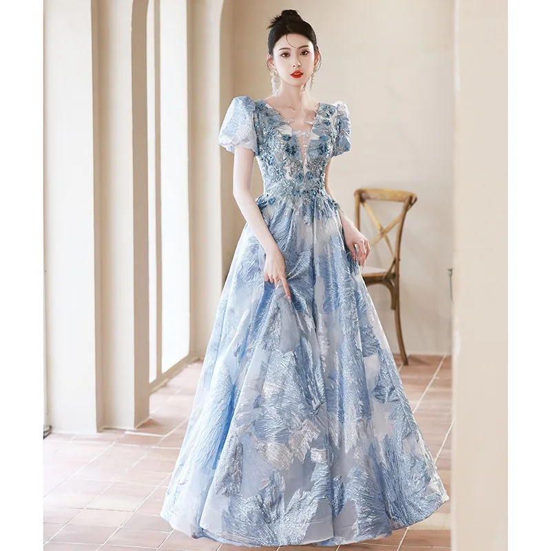 

DSP Elegant A Line V-Neck Puff Sleeves Prom Dresses Long Graduation Party Dresses Robe De Soiree