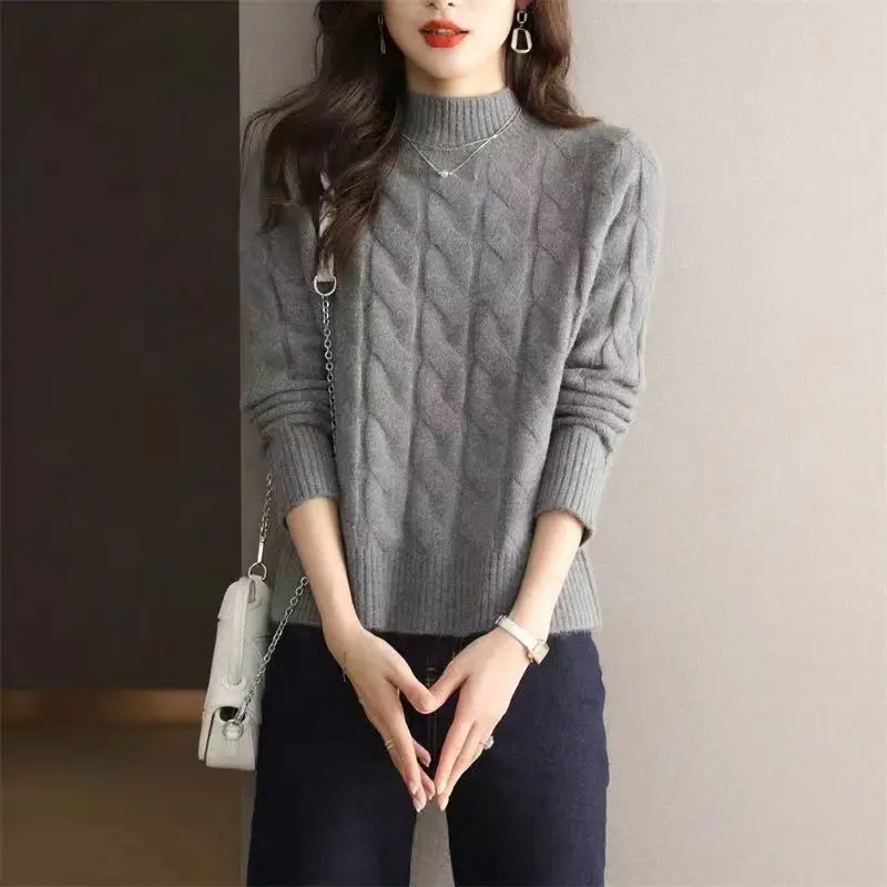 Autumn and Winter Women's Solid Half High Collar Long Sleeve Slim Knitted Sweaters Jumpers Screw Thread Fashion Casual Tops