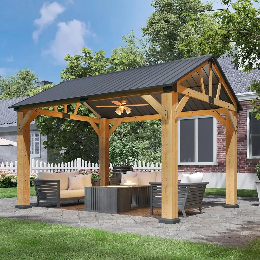 

12' x 10' Outdoor Wood Gazebo, Hardtop Gazebo Permanent Wooden Pavilion with Gable Galvanized Steel Roo, or Patio, Garden, Backy