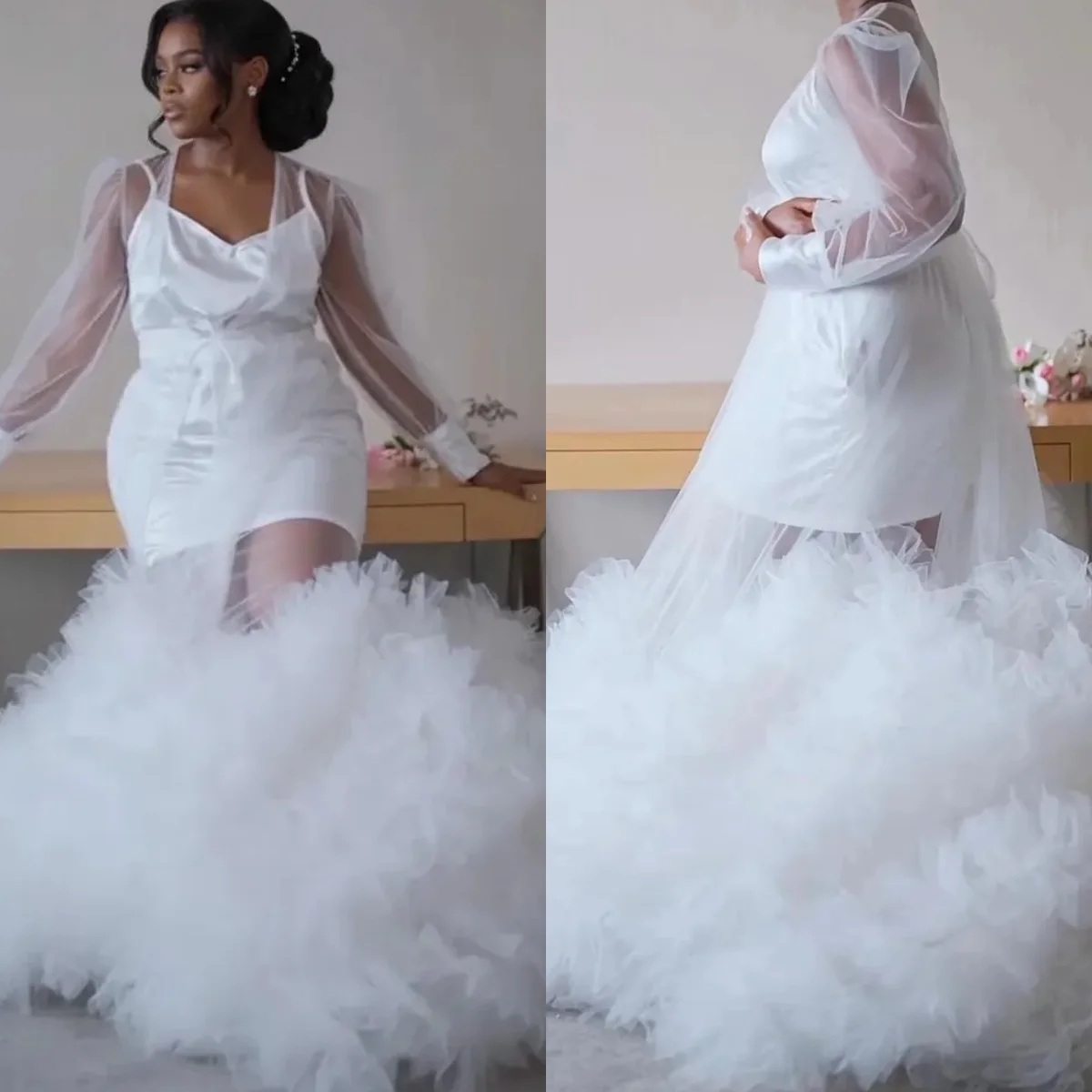 

Пышные белые халаты для невесты из фатина, на заказ, с длинными рукавами, для девичника, свадебные, для сна, для бэби-шауэра