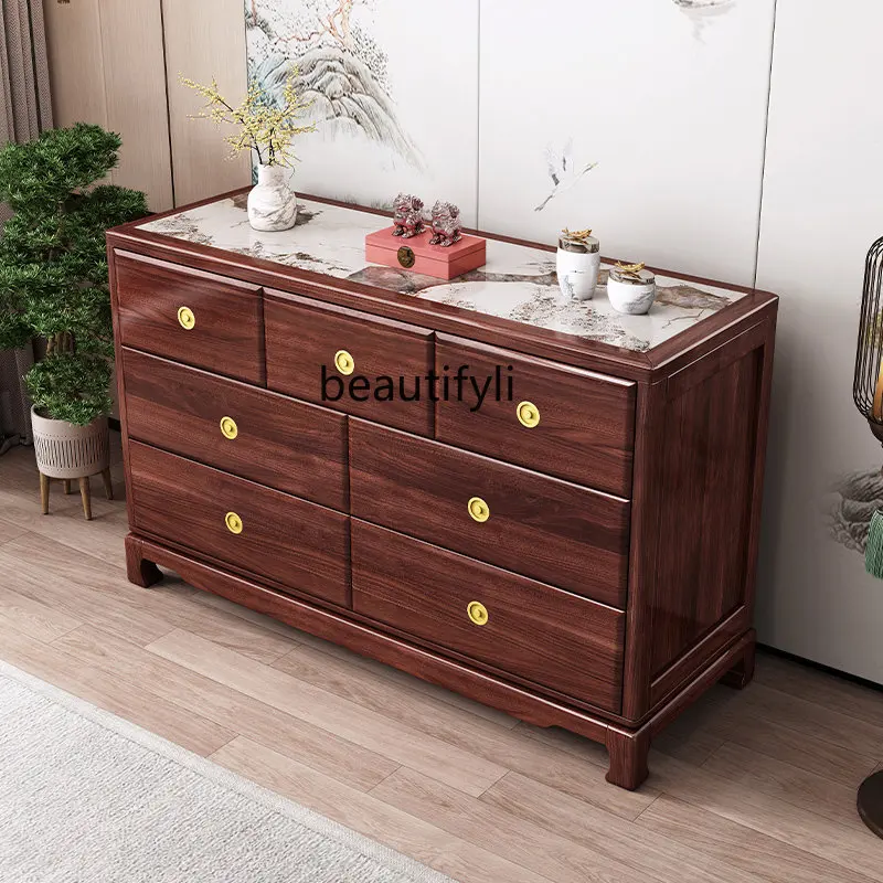 Gold Sandalwood Solid Wood Chest of Drawers New Chinese Classical Seven Chest of Drawers Storage Sideboard Cabinet