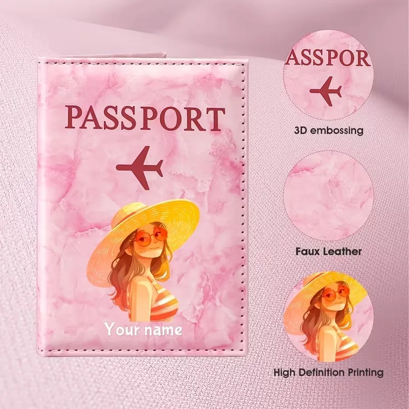 Custom Name Beach-Themed Illustration Design PU Passport Holder, Featuring a Woman in a Straw Hat with Summer Elements