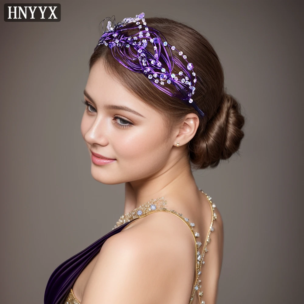 HNYYX Purple Rhinestone Soft Chain Mesh Headband For Elegant Women Fashion Shining Wedding Party Jewelry Head Hoop A128