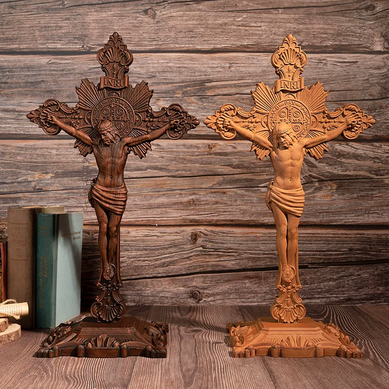 Handmade St. Benedict Wooden Cross Statue Religious Home Altar Decor with Base, Carved Catholic Christian Figurine,Blessing Gift