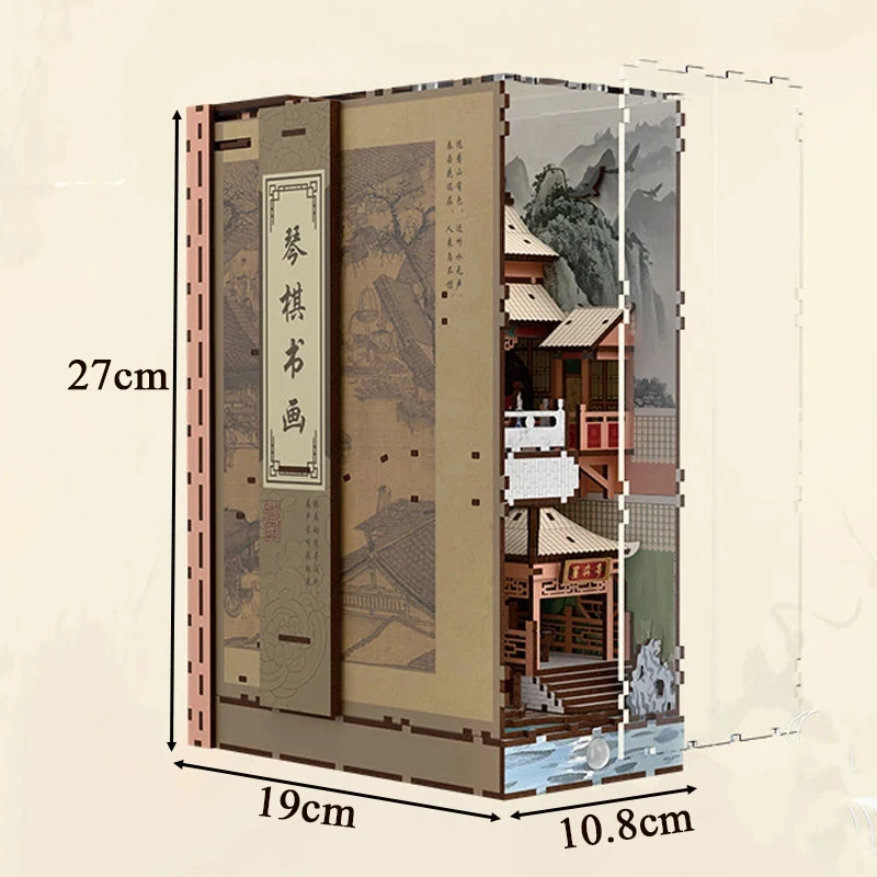 Miniature Model Kit DIY Wooden Chinese Scholar Book Nook Shelf Insert Kits With Light Bookend for Friends Birthday Gifts