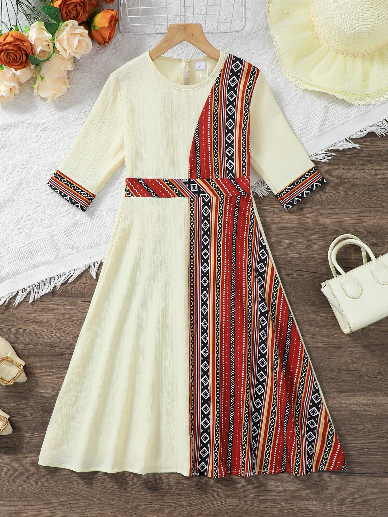 Girls Middle East Ramadan 7/8 Sleeve Midi Dress Children's Casual Outfit Long Dress for Girls Suitable for Outdoor Wear