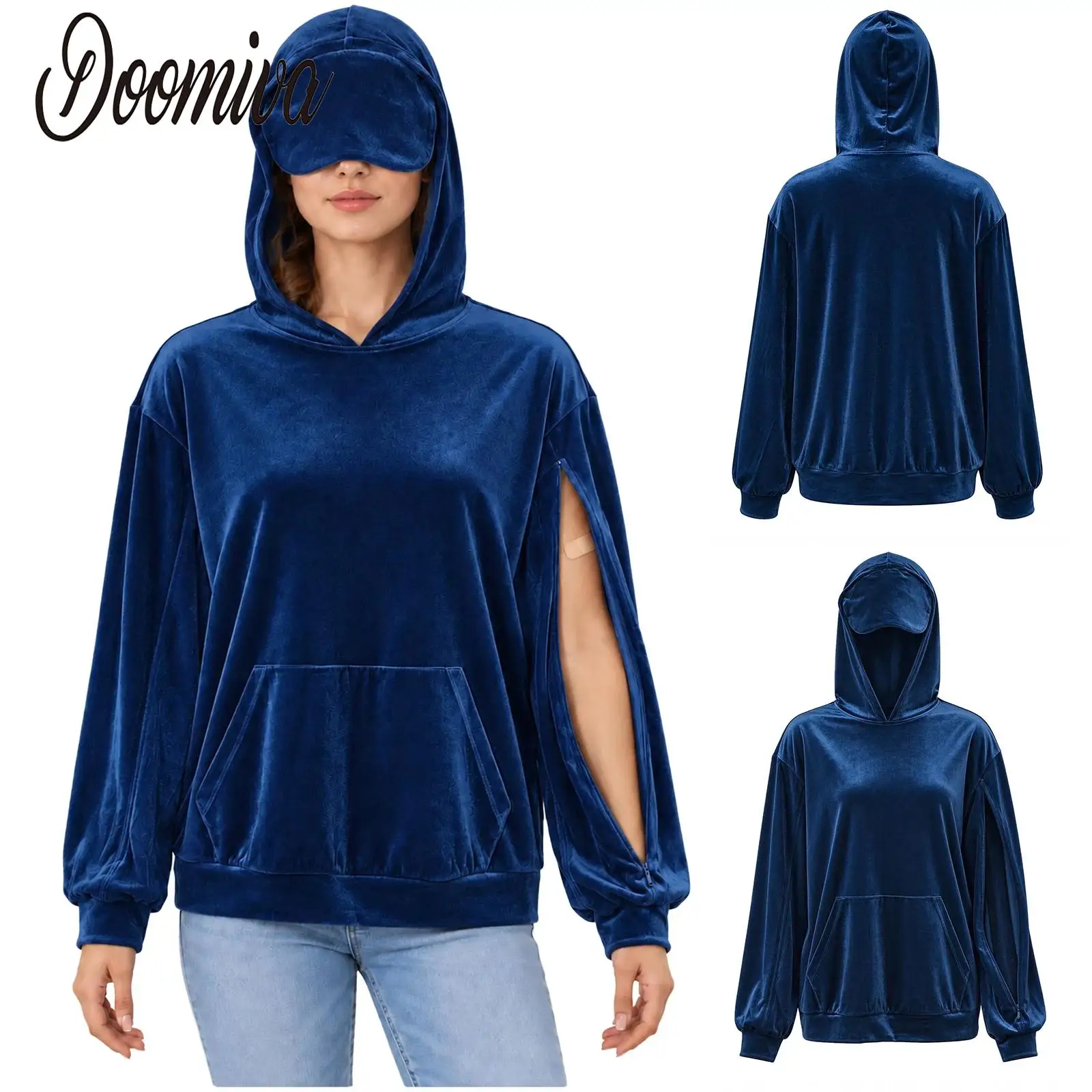Women Dialysis Adaptive Velvet Hoodie Coat Zipper Long Sleeves Hooded Pullover Sweatshirt with Eye Mask And Pocket Sleepwear Top