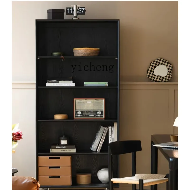 TQQ Solid Wood Bookcase, Living Room Bookshelf, Medieval Locker, Floor-to-ceiling Glass Door, Black Storage Showcase.d27