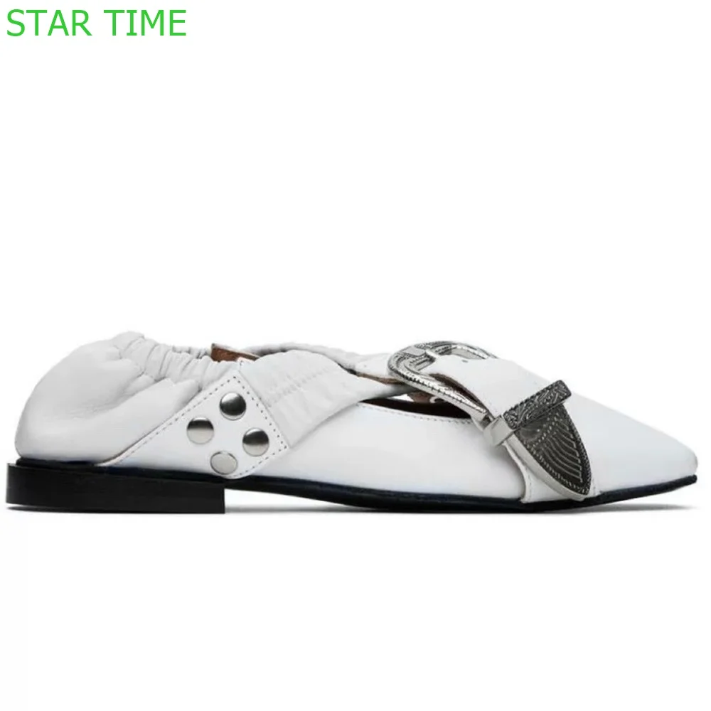 Square Toe Flat Mary Janes Cross Metal Belt Buckle 2024 Summer New Ballet Shoes Black/white Fashion Women Casual Shoes