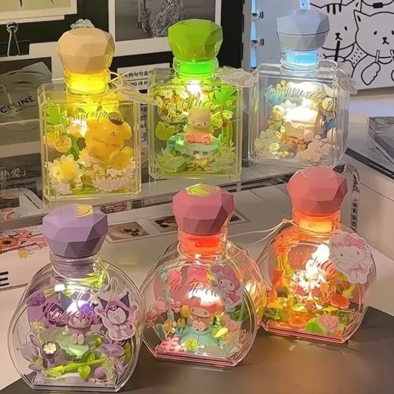 

Sanrio Pochacco Hellokitty Kuromi Perfume Bottle Blind Box Model Anime Peripherals Bricks with Light Ornaments Kid Holiday Gift