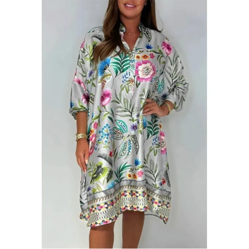 Vintage kwiatowy Print damska sukienka 2025 letnia nowa z długim rękawem do kolan koszula sukienka Boho sukienka na wakacje luźna na co dzień Vestidos
