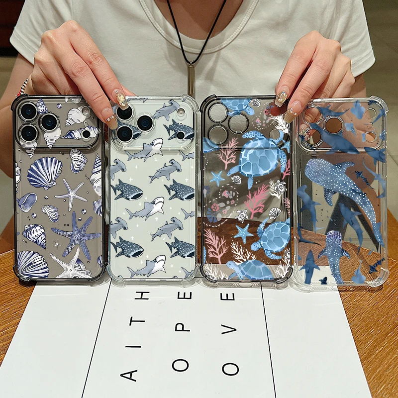 Shark Turtle Phone Case For iPhone 17e 17 Pro 16 15 Pro Max 14 13 12 Pro 11 Shockproof Soft Silicone Transparent Anti-fall Cover