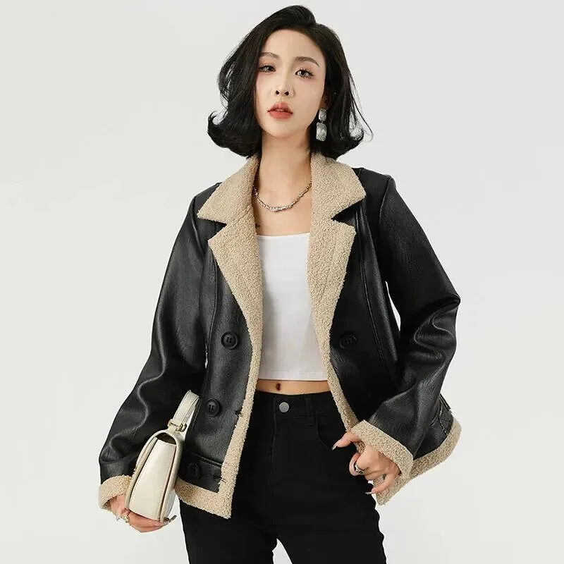 الخريف الشتاء المرأة سميكة الدافئة جاكيت من الصوف موضة مزدوجة الصدر بولي Leather الجلود أبلى كم طويل أفخم التلبيب معطف قصير #2