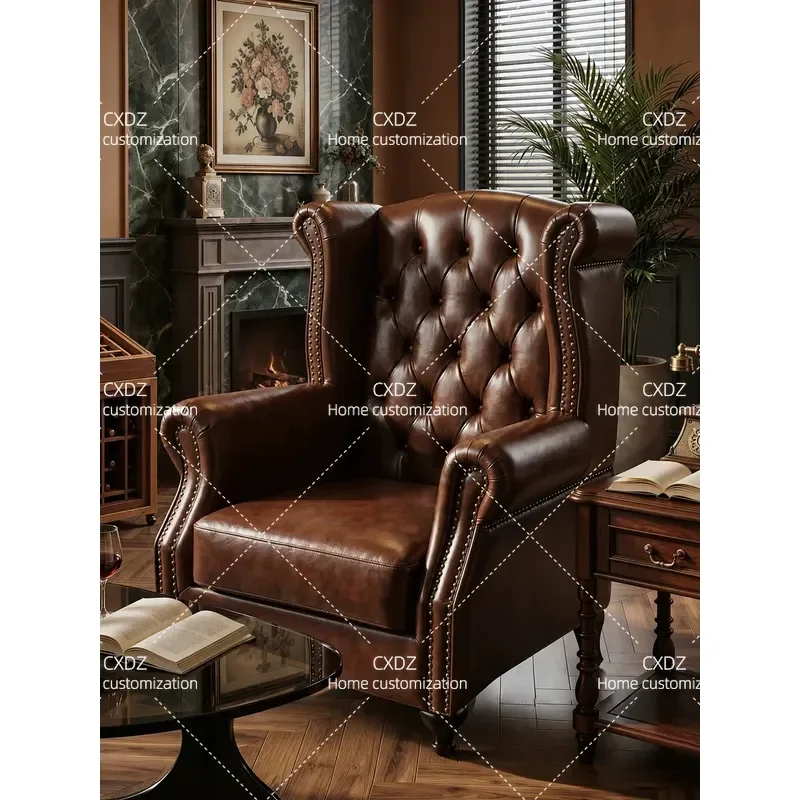 American Retro Leather Tiger Chair High End Cigar Bar Clubhouse Leisure Chair Living Room Study Single Sofa Furniture