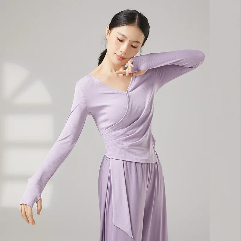 

Women V Neck Long Sleeve Dance Top Irregular Design Modern Classical Dance Practice Shirt Comfortable Stretchy Breathable Top