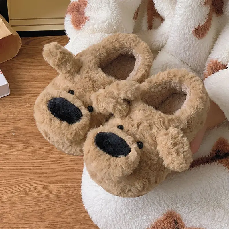 

Kids Winter Plush Slippers Warm Fleece Lined Cute Cartoon Dog Design Non Slip Home Shoes for Boys Girls Family Cotton Slippers