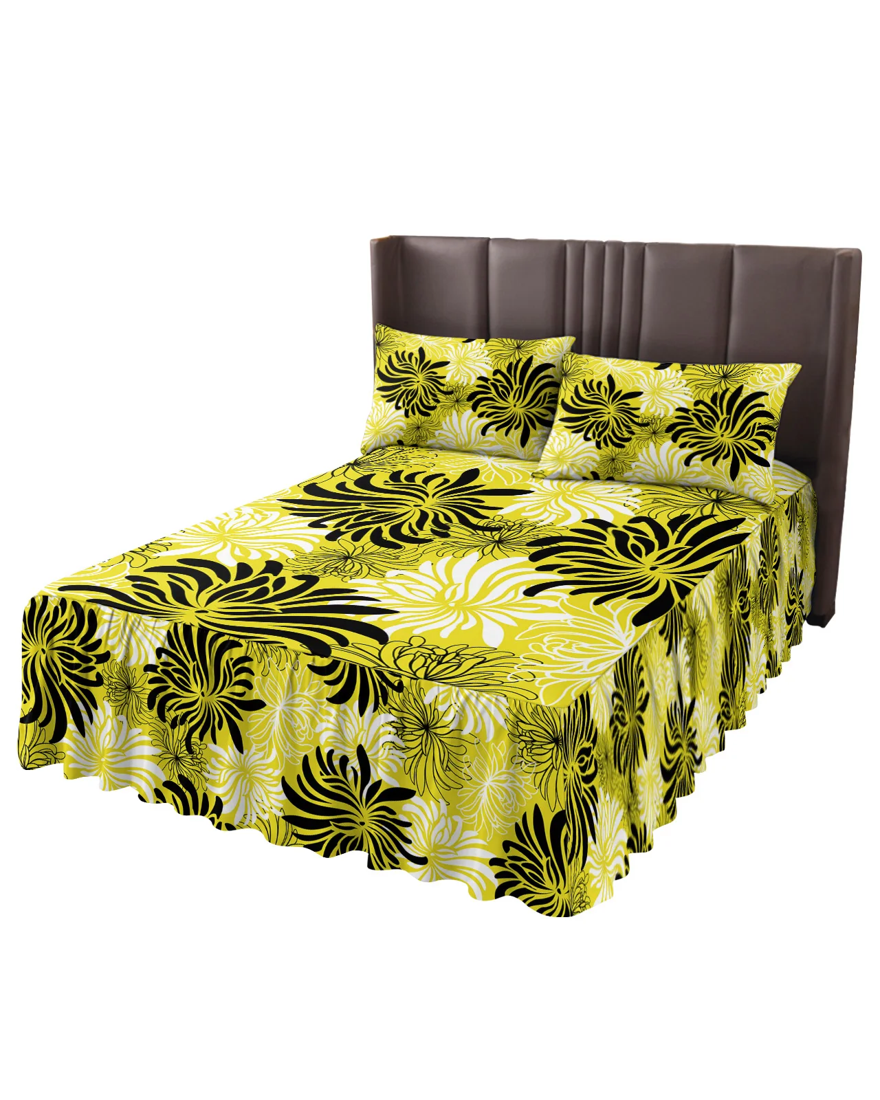 Yellow Chrysanthemum Black And White Retro Bed Skirt Fitted Bedspread With Pillowcases Mattress Cover Bedding Set Bed Sheet