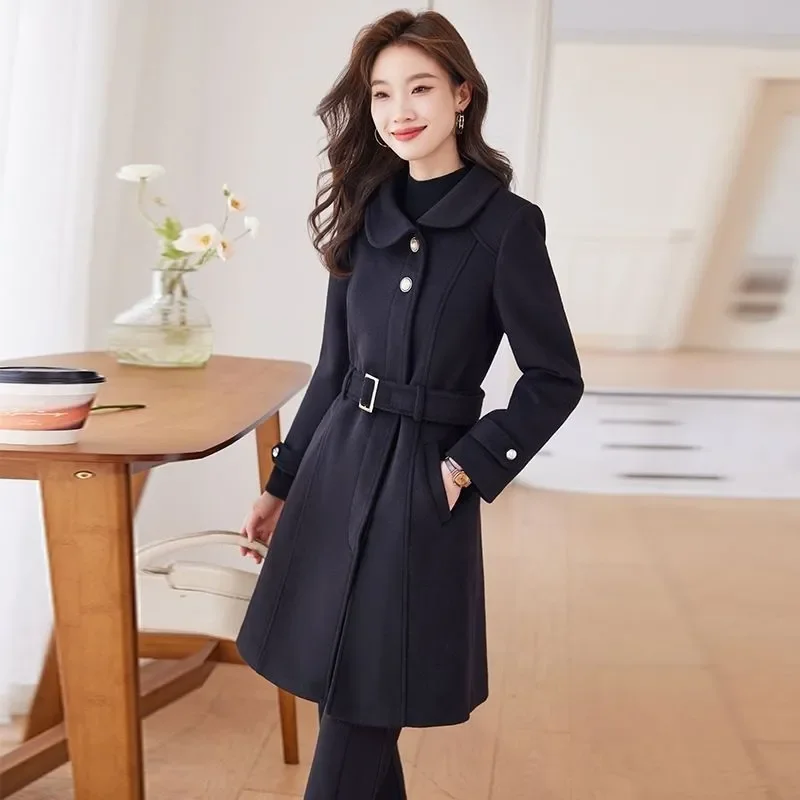 

Chic Casual Woolen Windbreakers Coat Women Overcoat Spring Autumn Winter New Fashion Slim Slimming Belt Medium Long Woolen Coat