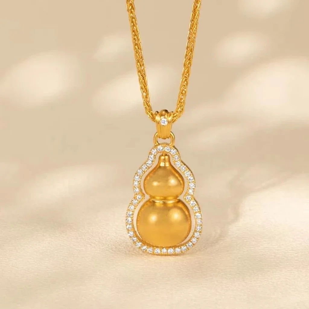 New Fashion 24K Real Gold Rotation Gourd Female Light Luxury Pendant Au9999 Fu Lu Pendant Necklace Chinese Jewelry