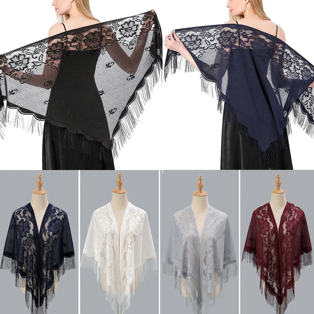 Women Elegant Long Fringe Muslim Hijabs Summer Lace Tassels Triangle Scarf Crochet Floral Sheer Hollow Out Breathable Scarves