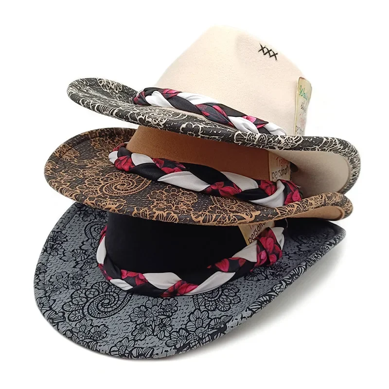 서양 남성과 여성의 가을, 겨울 민족 스타일 재즈 모자, 큰 챙 모자, 모직 복숭아 탑, 카우보이 모자