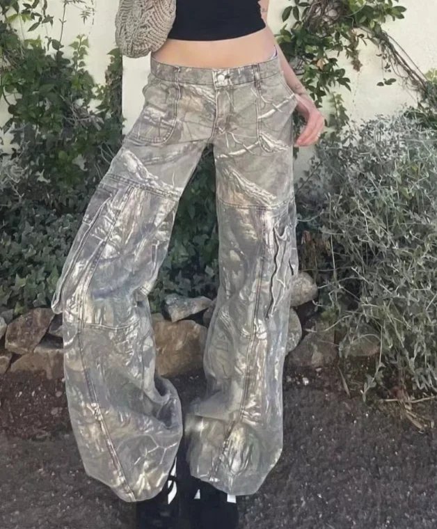 

Винтажные джинсы Y2K, американские уличные джинсовые брюки на молнии, модные свободные брюки-карго с несколькими карманами, камуфляжные джинсовые брюки с низкой талией