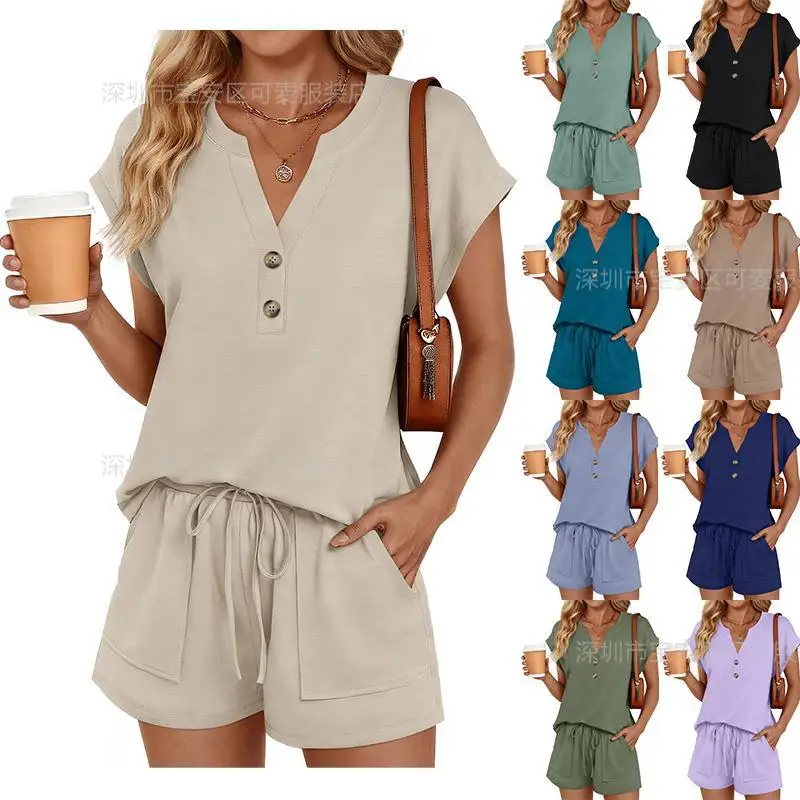 

Women Shorts Pant Set Two Piece Sets V Neck Solid Tops Short Pants Lace Up Elastic Waist Y2k Streetwear Casual Loose 2026