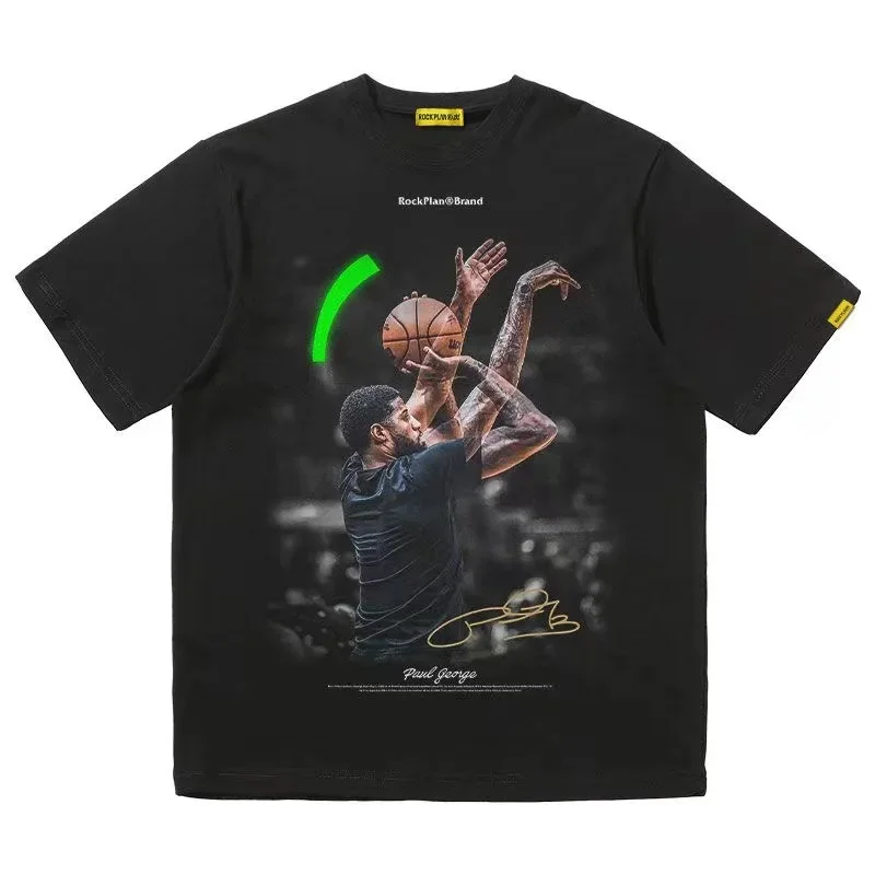 T-shirt américain à manches courtes pour hommes et femmes, maillot de basket-ball, imprimé rétro américain, T-shirt à manches mi-longues en pur coton