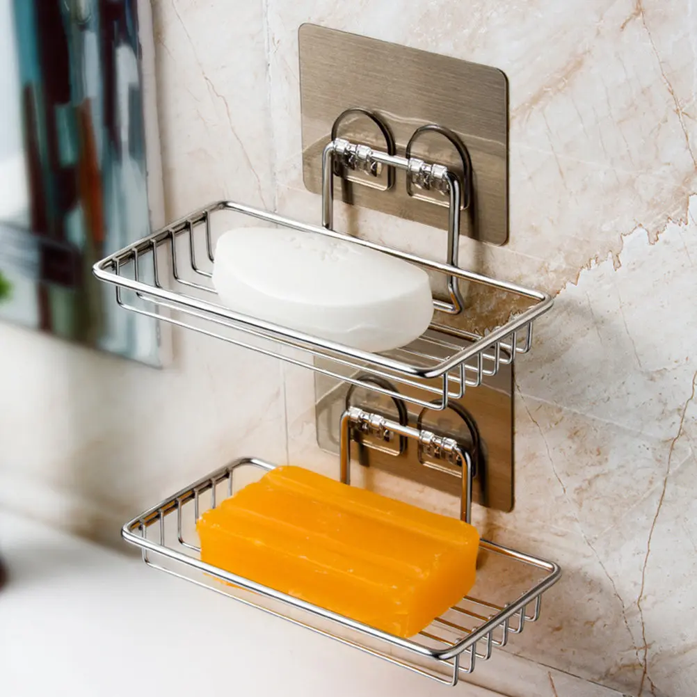 

Soap Dish Holder Stainless Steel Self Adhesive Wall Mounted Soap Sponge Storage Rack for Kitchen Bathroom Laundry