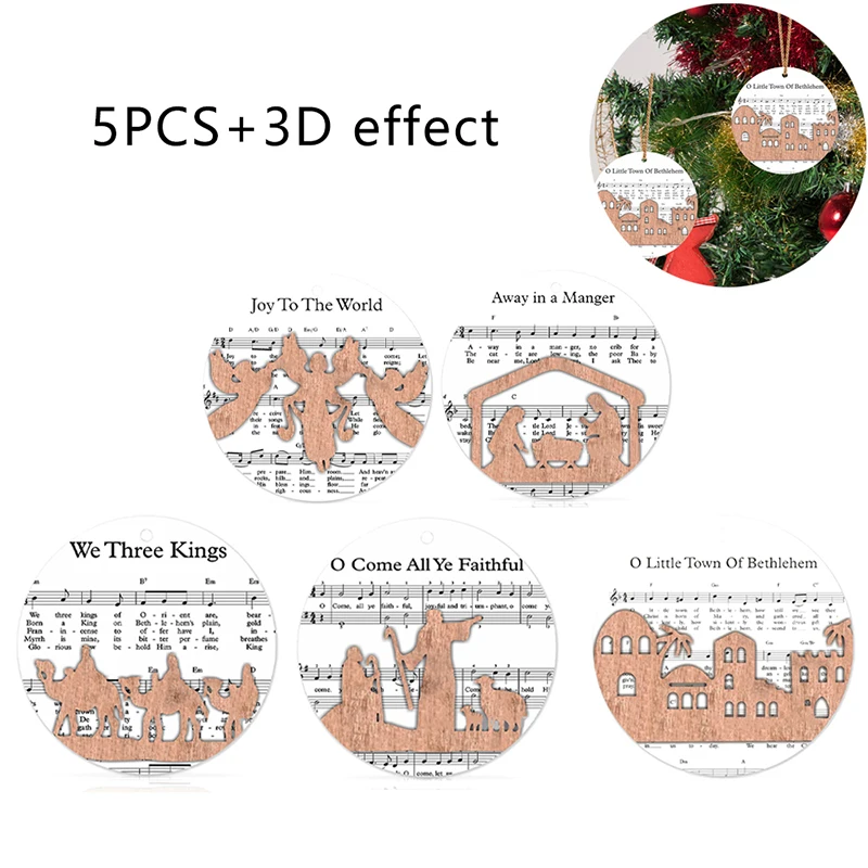 5Pcs 3D Wooden Nativity Story Hanging Ornaments Creative Christmas Tree Decoration Musical Score Xmas Party Gifts