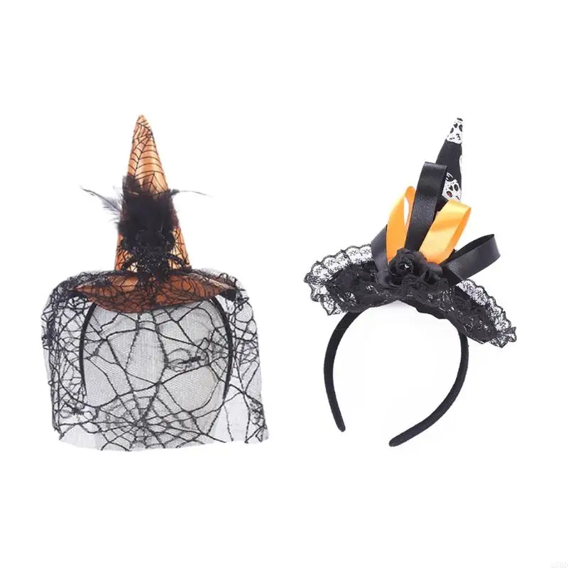 270D Mini Lace Pointy Witch Hat Headband Halloween Witch Hat Hairband with Veil Novelty Headdress Party Cosplay Supplies