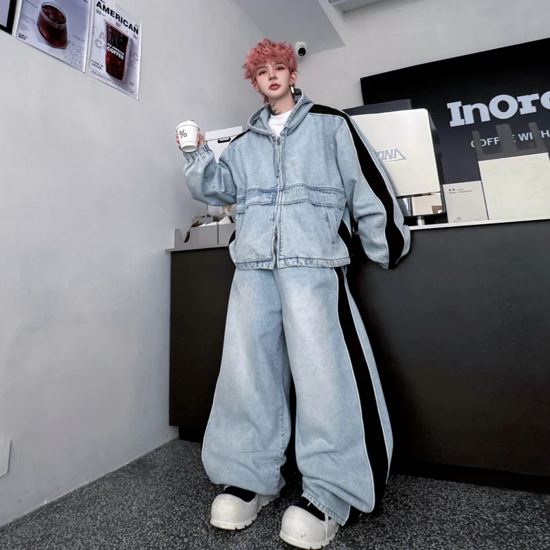 

Spring Faion Casual Denim Set Men's High-End Trendy Brand Hooded Denim Jaet Pants Two-Piece Set Youth Long Sve Long Pants