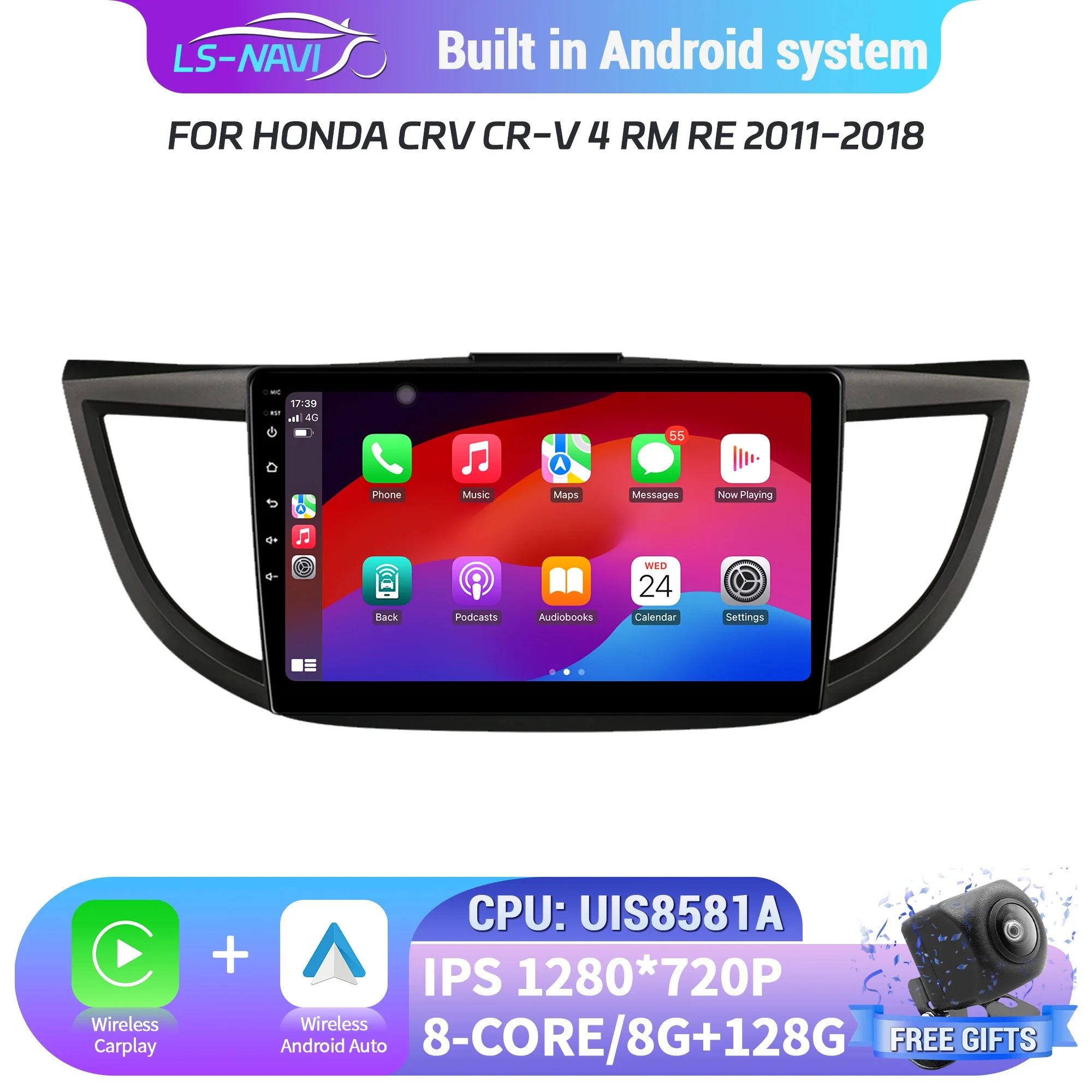 

For Honda CRV CR-V 4 RM RE 2011-2018 Android 14 Car Radio Multimedia 4G GPS Navigation Wireless BT Carplay Touch Screen Stereo