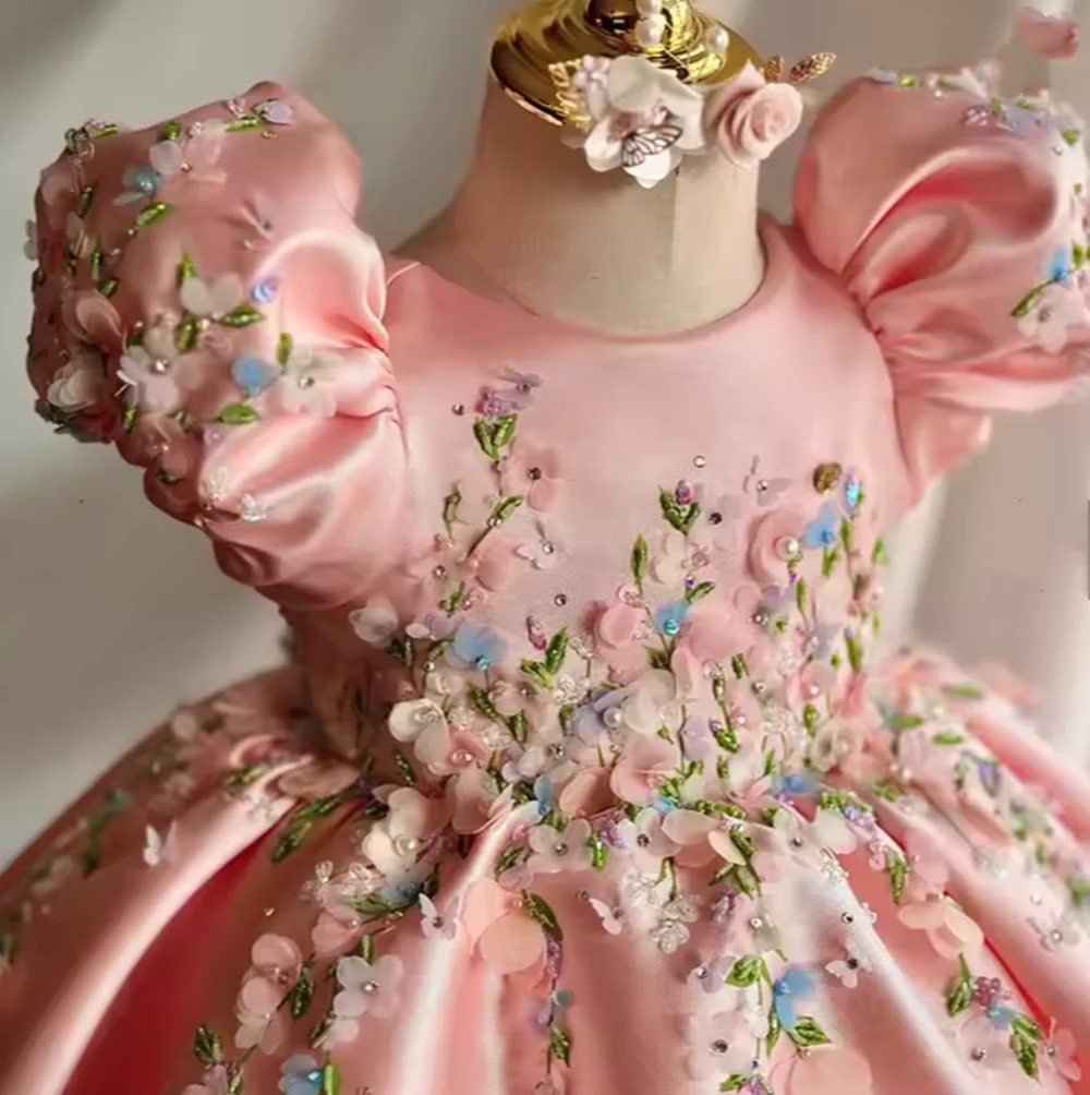 

Pink Flower Girl Dress Customized Princess Holy First Communion Gown Wedding Kids Birthday Gift Kids' Dress