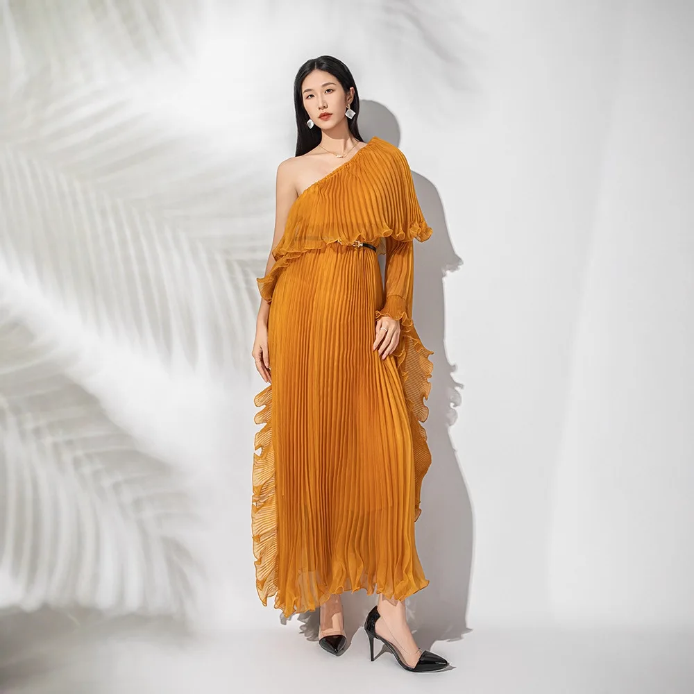 

Miyake плиссированное весенне-летнее платье 202, новое платье больших размеров, элегантное вечернее платье ручной работы с голками на груди