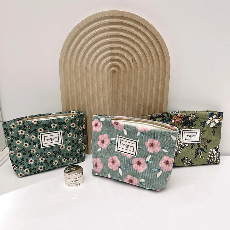

Small Corduroy Makeup Bag Organizer Clutch Retro Flower Print Cosmetic Bag Wash Women Travel Make Up Pouch Beauty Toilet Storage