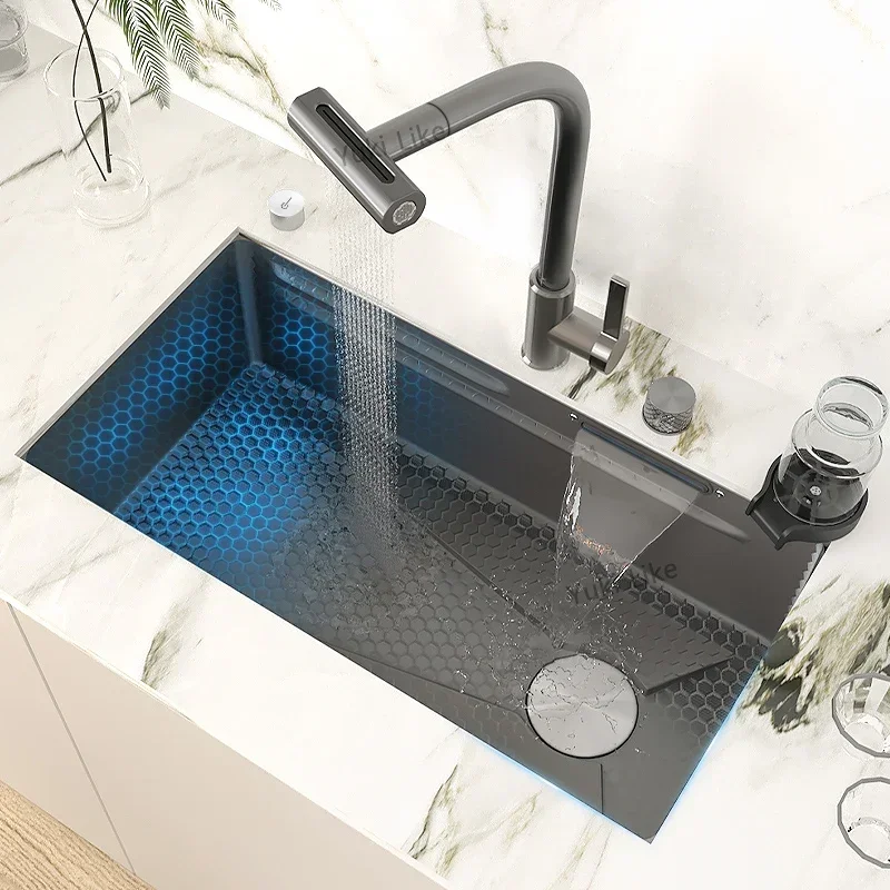 Kitchen Sink Stainless Steel Waterfall Sink Embossed Large Single Slot  Wash Basin Can Be Installed  on Sale