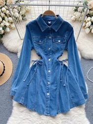 Vintage Women Denim Dress Spring Summer Turn-down Collar Long Sleeve Bandage Short Dress Elegant Single Breasted Female Dress