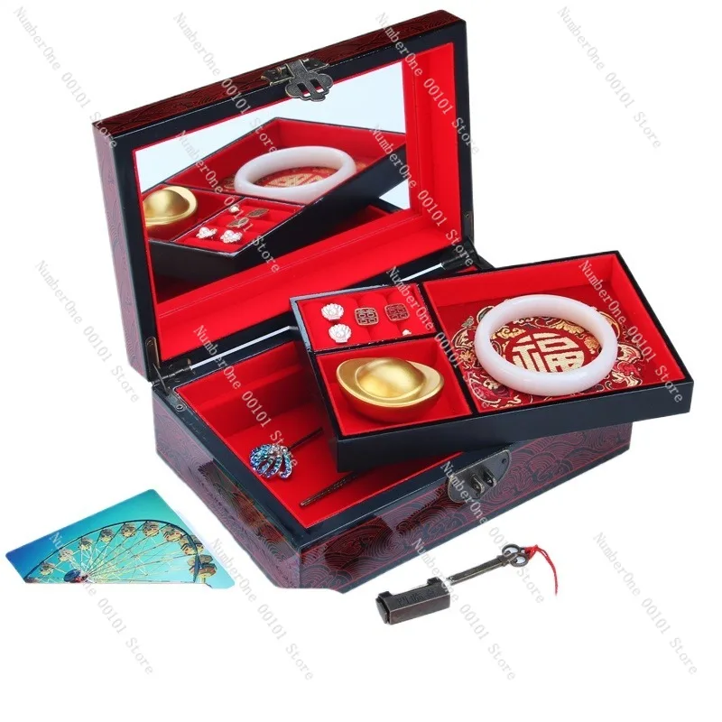 Red Lacquered Wooden Jewelry Box with Peony Design, Chinese-Style Wedding Dowry Box with Lock, Traditional Pingyao Lacquerware