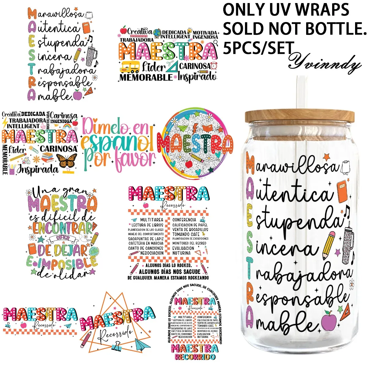 5 Stück/Set Spanischlehrer 16OZ Glasgefäß UV DTF Hochwertig selbstklebend, geeignet zum Dekorieren von Tassen und Flaschen