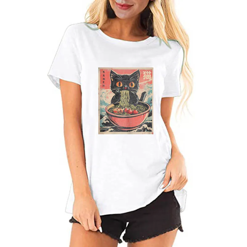 Cat Ramen Japanese Funny Graphic Tees Kawaii Cat Anime Gifts T-Shirt Girls Fashion Summer Clothes Cute Comics Tops Novelty Gift