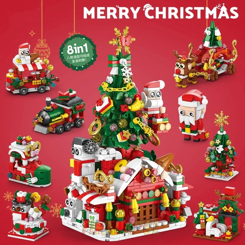Árbol de Navidad 8 en 1, alce, ciervo, Papá Noel, tren, decoraciones, tienda de arquitectura, vista a la calle, casa de nieve de Navidad, Kit de bloques de construcción, juguete