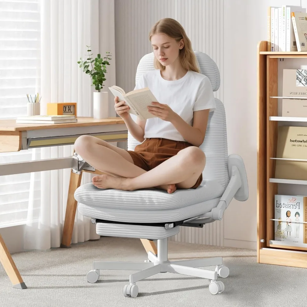 

"executive swivel chair with wheels, flip-up arms, and footrest in corduroy fabric"