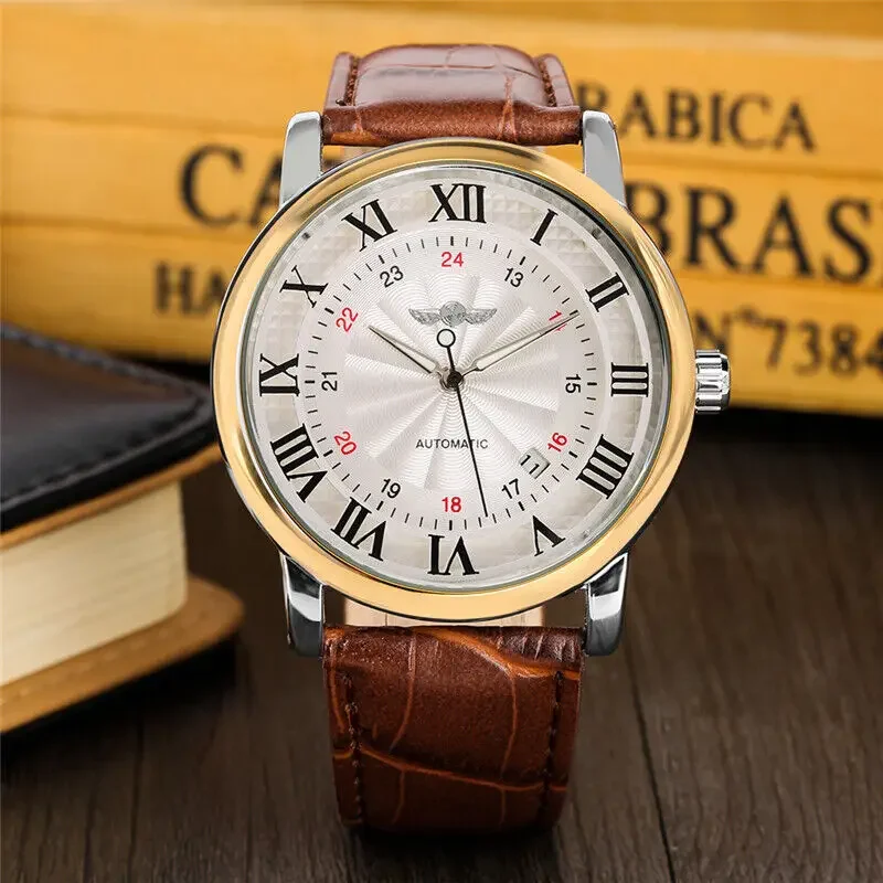 WINNER Brand Mens Self Winding Mechanical Watch Automatic Brown Leather Strap Wristwatch Nice Gift