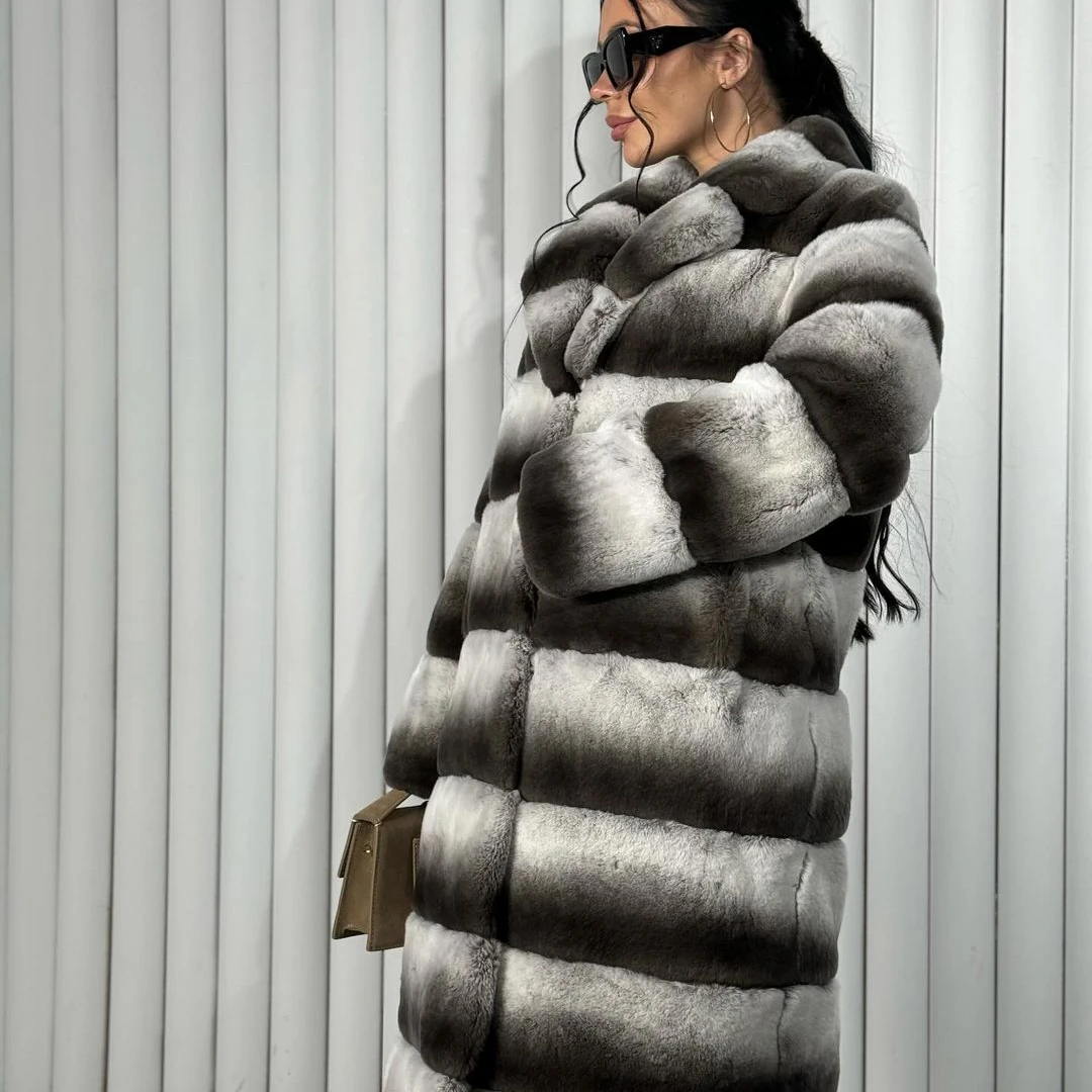 Luxury Chinchilla Women Real Rex Rabbit Fur Coat Winter Fashion Natural Rex Rabbit Fur Thick Outwear Female Genuine Fur Overcoat