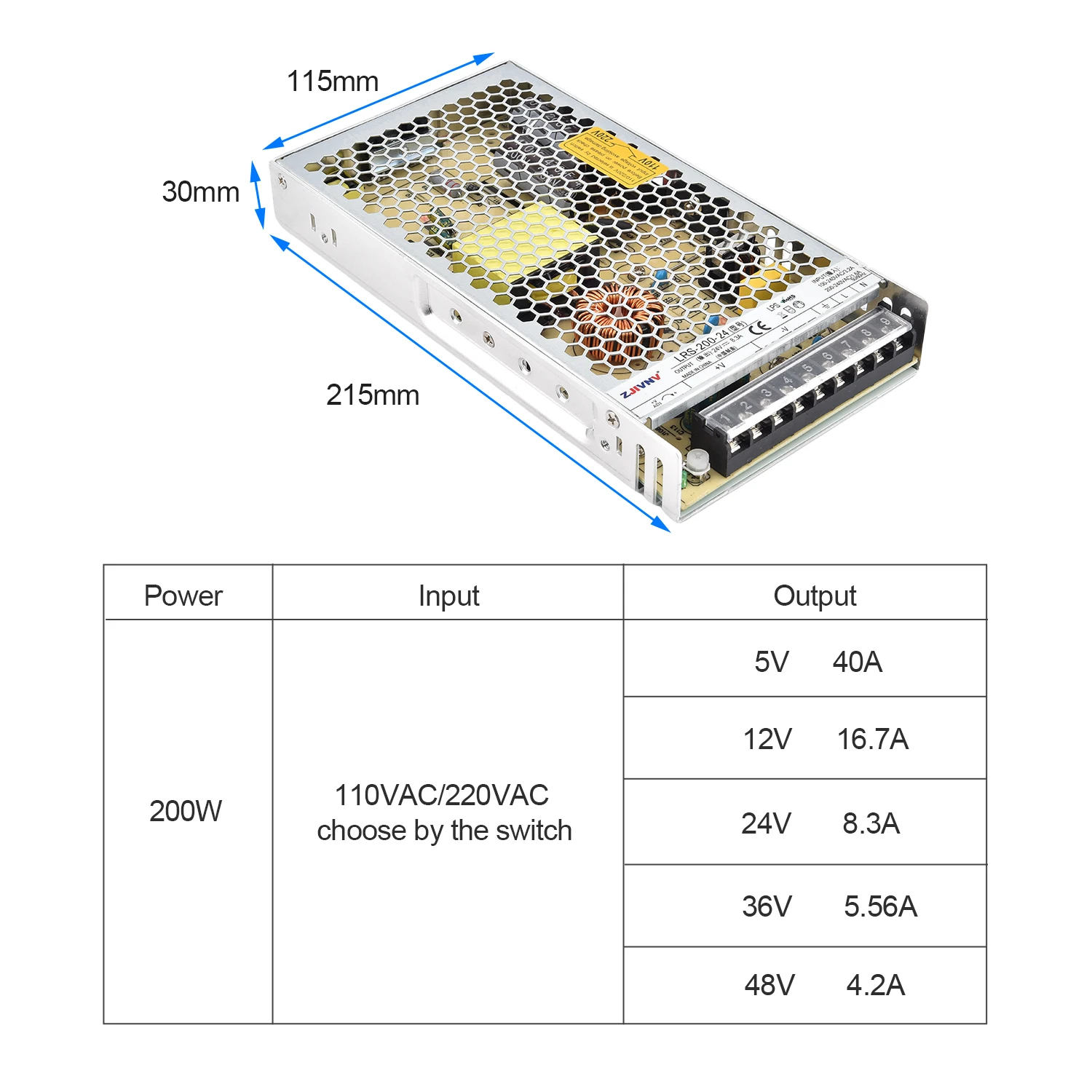 ZJIVNV LRS-200 Ultra-Thin Switching Power Supply 5V 12V 24V 36V 48V 200W AC 110V 220V Transformer for 3D Printer CNC