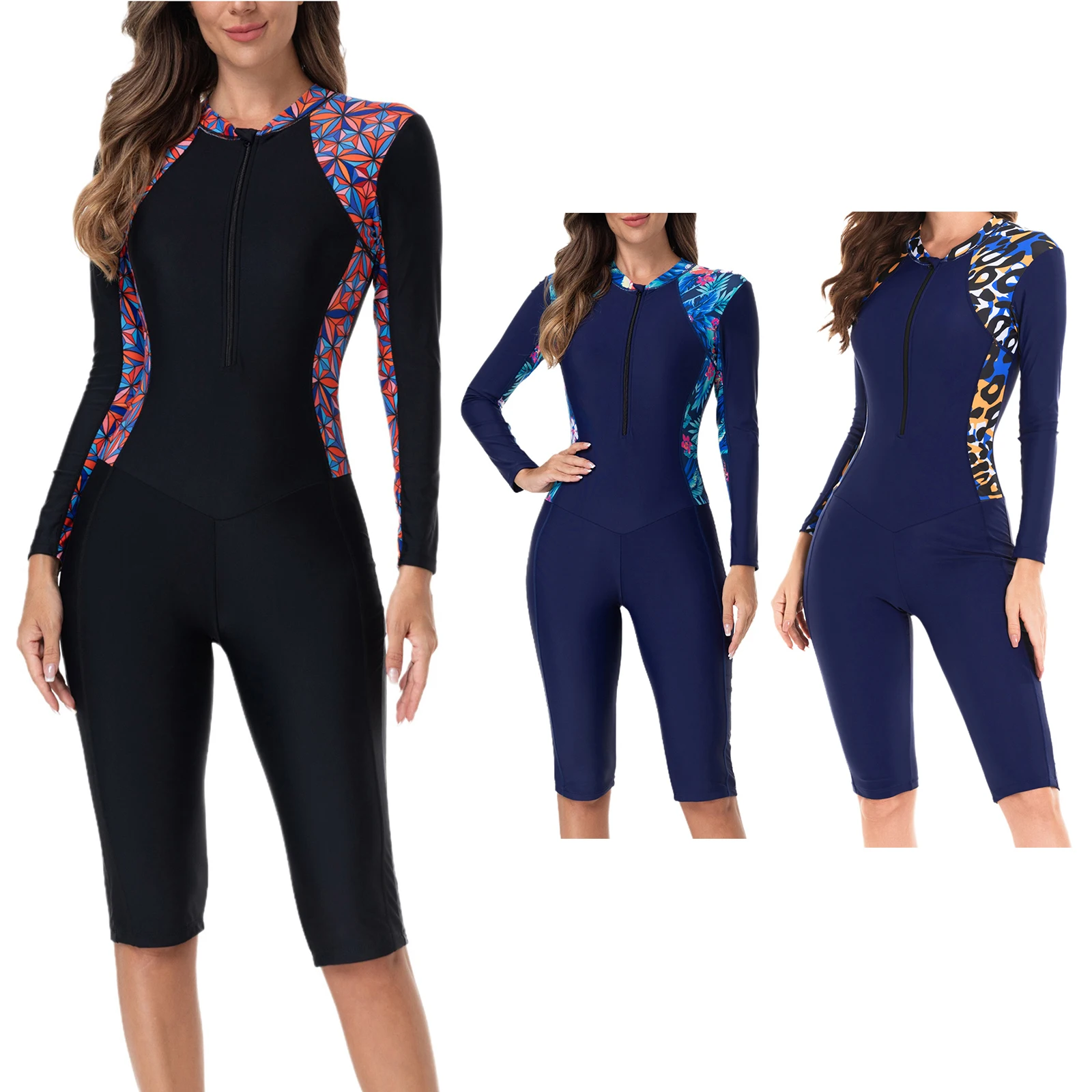 Womens Leaf Printed Jumpsuit Rashguard Swimwear Long Sleeve One Piece Swimsuit Sun Protection Surfing Bathing Suit Swim Wetsuit