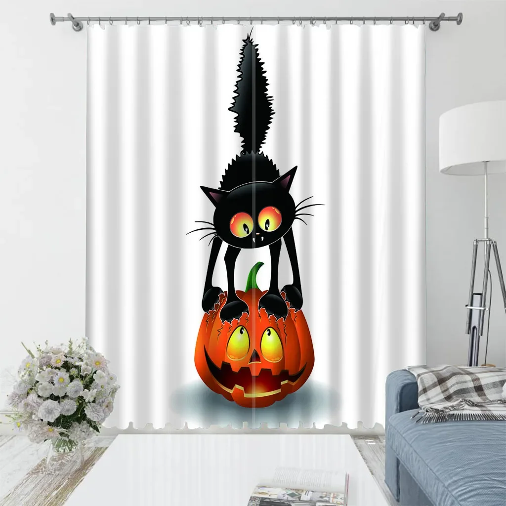 Funny Cat Pumpkin Head 3D Printing Home Men and Women Bedroom Living Room Curtain Shading Cloth Custom Hook Decorative Curtain